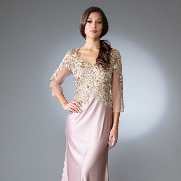 New Sheath Mother Of Bride Gown w/ Sheer Sleeves & Floral Lace Details AC 7039 - Picture 1 of 9